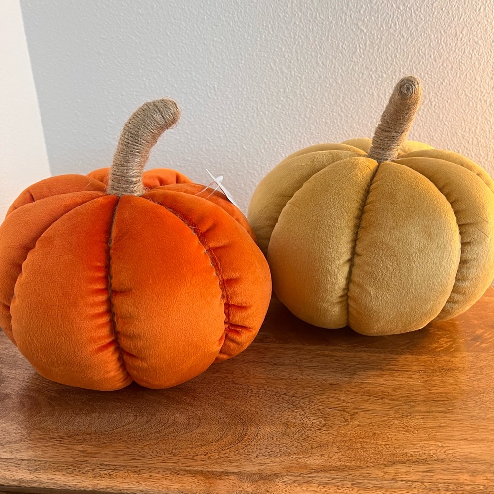 Rust Yellow set Velvet Pumpkin Pillow Fall Decoration, Faux Jute Stem